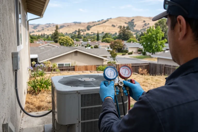 Technician checking refrigerant pressure on an outdoor AC unit