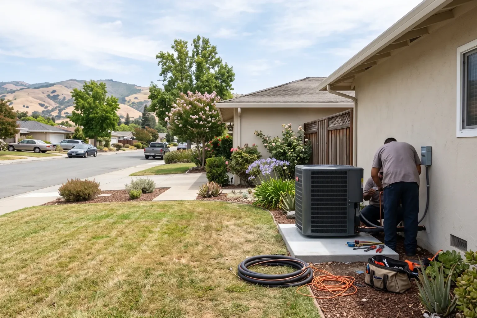 Technicians installing a new outdoor air conditioning unit beside a home